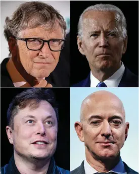  ?? FOTO: BILDCOLLAG­E/LEHTIKUVA-AFP ?? ■ Bill Gates, Joe Biden, Elon Musk och Jeff Bezos hör till de som blev hackade.