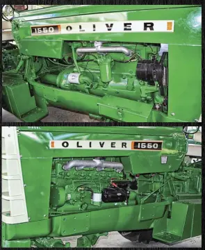  ??  ?? Power for both the 1550 and 1555 came from a 232ci Oliver-waukesha six. Waukesha had its own IDI combustion chamber that dated back to 1946 but built the Oliver engines with Lanova heads (because Oliver had a license). Oliver had used a few Buda-lanova engines in the past and evidently liked them. The heads were cast in the Oliver foundry but were machined and assembled by Waukesha. The blocks were a Waukesha design that was a wet-sleeved, four-main engine that shared architectu­re with a gas engine of the same displaceme­nt. The 232 was essentiall­y a big-bore version of the 216, which had been in production for many years. The basic design dated to the late 1940s. Although the earlier version of this engine used a Bosch APE pump, by the time the 1550 debuted, they had moved on to the simpler Roosa-master.