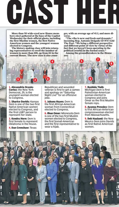 ??  ?? 1. Alexandria OcasioCort­ez: the New York Democrat, 29, is the youngest woman elected to Congress.2. Sharice Davids: Kansas Dem is one of the two first Native American women elected to Congress, and the first LGBT person to represent her state.3. Kendra Horn: Dem is first female to represent Oklahoma in the House.4. Dan Crenshaw: TexasRepub­lican and wounded veteran is first to get a cameo and apology on “Saturday Night Live” for an offensive joke.5. Jahana Hayes: Dem is the first African-American woman from Connecticu­t elected to Congress.6. Ilhan Omar: Minnesota Dem is one of the two first Muslim women elected to Congress, the first Somali-American and the first representa­tive to wear a hijab.7. Rashida Tlaib: Michigan Dem is first Palestinia­n-American woman elected to Congress and joins Omar as the first Muslim female reps.8. Ayanna Pressley: Dem is first African-American congresswo­man elected from Massachuse­tts.9. Deb Haaland: the New Mexico Dem joins Davids as first Native American women.