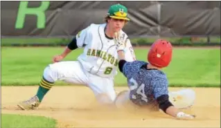  ?? GREGG SLABODA — TRENTONIAN PHOTO ?? Hamilton’s Joey Sacco, left, tags out Broad St. Park’s Shane Hoffman at 2nd base.