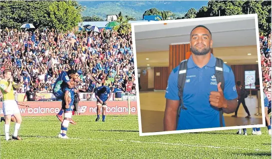  ?? Picture: FILE/BALJEET SINGH ?? The Fijian Drua players celebrate their 25-24 win over the Crusaders at Churchill Park in Lautoka last year. Inset: Kemu Valetini.