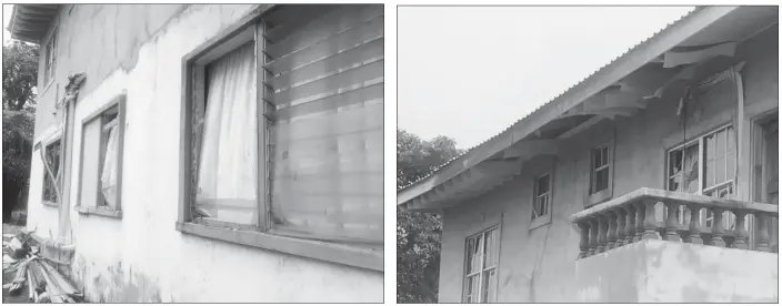  ??  ?? The windows and a part of the ceiling of one of the neighbouri­ng houses were damaged as a result of the fire.