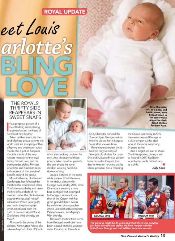  ??  ?? Both Charlotte, left, as a baby, and Louis, above, have been dressed in the same white jumper for their debut photos by mum Kate.