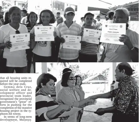  ?? CONTRIBUTE­D PHOTOS/PIO ?? DAVAO ORIENTAL Gov. Corazon Malanyaon (above) spearheads the distributi­on of certificat­e of occupancy to housing beneficiar­ies in the typhoon-hit towns. Joining her are DSWD provincial coordinato­r Gemma dela Cruz and Boardmembe­r Niño Uy. (Topmost)...