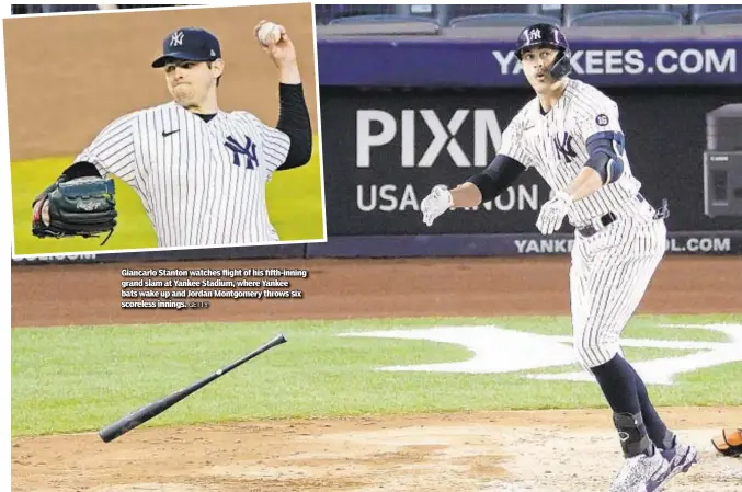  ?? GETTY ?? Giancarlo Stanton watches flight of his fifth-inning grand slam at Yankee Stadium, where Yankee bats wake up and Jordan Montgomery throws six scoreless innings.