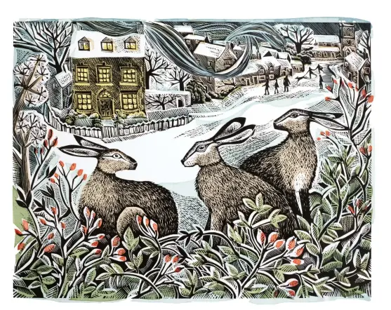  ?? ?? WE THREE HARES
In her winter prints, Angela shares her excitement about snowfall. She recalls how last year, it transforme­d her village into "a place of true magic"