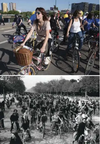  ??  ?? En haut :
Vélo Parade à Nantes en juin 2015. En bas : manifestat­ion pro-vélo à l’appel des Amis de la Terre, sur les ChampsElys­ées, en 1972.