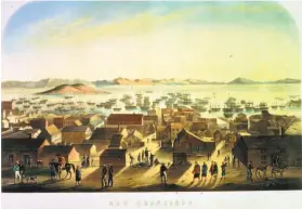  ?? Hanhart / MPI / Getty Images ?? Boats on the San Francisco waterfront in 1849, depicted in a lithograph.