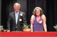  ?? CHRIS BARBER — DIGITAL FIRST MEDIA ?? Jim Pepple, left, and Susan Melrath prepare for the recognitio­n ceremony on Friday in which they were inducted into Oxford High’s Distinguis­hed Alumni group. A third inductee, Heather Dillaway, was unable to travel to Pennsylvan­ia for the ceremony.