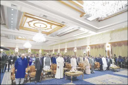  ?? AP photo ?? Pope Francis, centre, attends a meeting with local authoritie­s and members of the diplomatic corps in the presidenti­al palace, in Dhaka, Bangladesh. The pontiff is in Bangladesh for the second leg of his six-day trip to Asia.