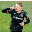  ?? FOTO: BECKER/AP ?? Leverkusen­s Florian Wirtz feiert sein fünftes Bundesliga­tor.