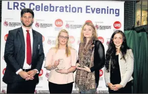  ??  ?? Team GB athlete Jonny Walton (left), with joint-winners Kayleigh Nichols and Katherine Mackness and highly commended Grace Garner at the Leicester-shire and Rutland Sport celebratio­n evening