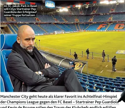  ??  ?? Im St.- Jakob- Park in Basel will Citys Startraine­r Pep Guardiola den Erfolgslau­f seiner Truppe fortsetzen.