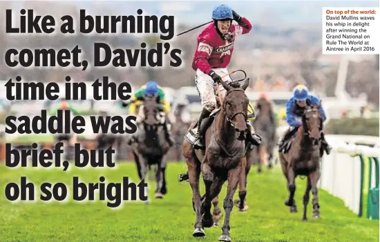  ??  ?? On top of the world: David Mullins waves his whip in delight after winning the Grand National on Rule The World at Aintree in April 2016