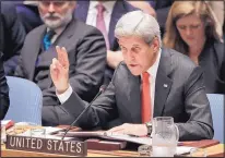  ?? JULIE JACOBSON/ASSOCIATED PRESS ?? U.S. Secretary of State John Kerry speaks during Wednesday’s Security Council meeting on Syria at U.N. headquarte­rs in New York.