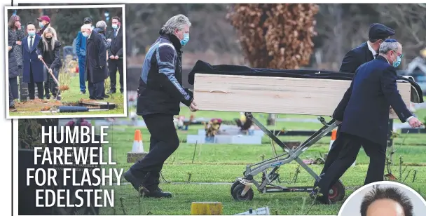  ??  ?? The pine coffin of Geoffrey Edelsten (right) is wheeled to the burial site (above left). Picture: David Caird.