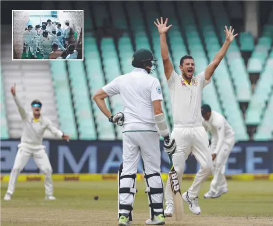  ??  ?? Australia's Josh Hazlewood successful­ly appeals for the final wicket. And (inset) video footage of David Warner’s run-in with Quiten de Kock. Main Picture: AP PHOTO