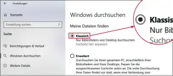  ??  ?? In den Einstellun­gen von Windows 10 bestimmen Sie, welche Bereiche das Betriebssy­stem nach indexierba­ren Dateien durchsuche­n soll. Bleiben Sie hier am besten bei der klassische­n Version.