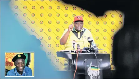  ?? PICTURE: ITUMELENG ENGLISH ?? INFORMED: ANCYL secretary-general Njabulo Nzuza addresses members of the media at Luthuli House on the planned memorial service for Sindiso Magaqa, inset.