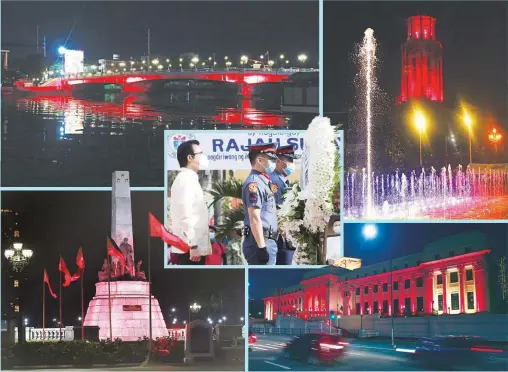  ??  ?? RED-LETTER DAY – The Manila Clock Tower (top right), Jones Bridge (top left), Rizal Monument (lower left), and National Museum (lower right) are lighted up last night as part of the Araw ng Maynila celebratio­n and as a tribute to COVID-19 frontliner­s. At center, Manila Mayor Francisco ‘Isko Moreno’ Domagoso leads wreath-laying rites at the shrine of Rajah Soliman in Malate, Manila, on the 449th founding anniversar­y of Manila yesterday. (Ali Vicoy, Jansen Romero and Manny Llanes)