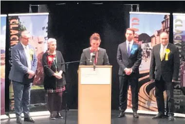  ??  ?? Result Returning officer for Ochil and Clacks Nikki Brindle announces the General Election result in Alloa Town Hall with (from left) John Nicolson, SNP; Labour’s Lorna Robertson, Luke Graham, Conservati­ve, and Iliyan Stefanov of the Liberal Democrats