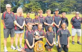  ??  ?? Waikato Junior Golfing Society team, winners of the Booth Shield in Gisborne. From left, back row: Andrew Galbraith (manager), Michelle Galbraith (manager), Nihal Bhullar, Shaam Bhullar, Todd Higgs, Sam Towers, Tony Tain, Ben Ambler, Rafiq Bester (manager). Front row: Gemma Towers, Zahraa Bester, Suwanne McPhee, Lauola Palamo.