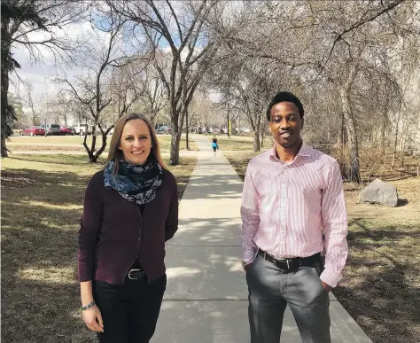  ?? ASHLEY MARTIN ?? University of Regina assistant professor Katya Herman and PhD student Oluwasegun Hassan studied 17 official community plans from Saskatchew­an cities and towns to assess how they promote physical activity with Regina ranking third behind Yorkton and...