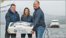  ??  ?? Scottish Sea Farms Pål Tangvik, Jim Gallagher and Noelia Rodriguez with Loch Nevis C fish.