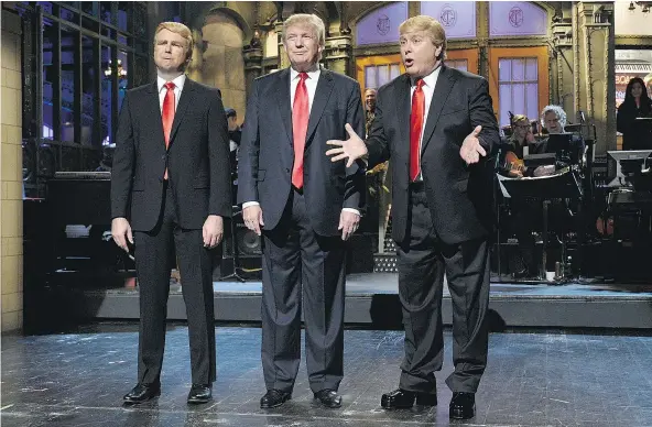  ?? — NBC ?? Taran Killam, left, Donald Trump, and Darrell Hammond take the stage on Saturday Night Live in 2015. Hammond was ramping up to play Trump last September — an impression he had done on the show for years — when he was told his services were no longer...