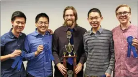  ?? SUBMITTED PHOTOS ?? The winning team from Conestoga High School poses with their coach after the Governorís STEM competitio­n award ceremony.