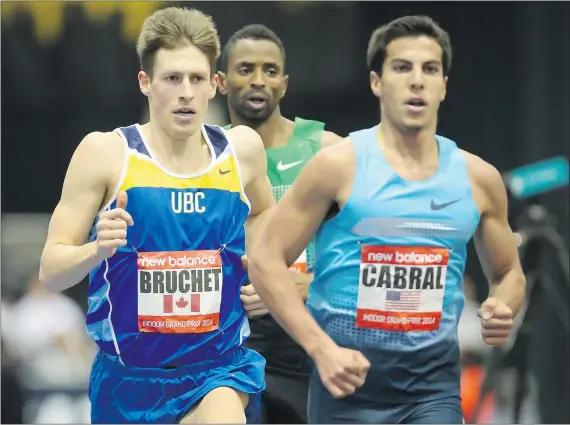  ?? — NEWTONSPOR­TSPHOTOGRA­PHY.COM ?? UBC Thunderbir­ds Luc Bruchet, left, shown racing earlier this year at the New Balance Indoor Grand Prix in Boston, runs in the final home track meet of his storied ‘Birds career on Saturday as UBC hosts SFU in the 12th annual Achilles Cup Duals.