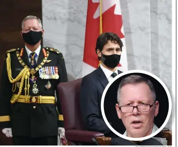  ?? PHOTOS D’ARCHIVES, PC ?? Le général Jonathan Vance (en mortaise) en compagnie du premier ministre Justin Trudeau lors du discours du Trône en septembre 2020.