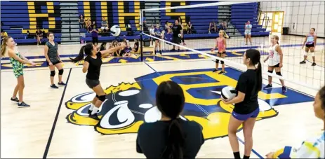  ?? PHOTO ?? A group of young volleyball players participat­e in a hitting drill Wednesday morning during a free summer camp hosted by Brawley Union High School’s volleyball program at the BUHS gym in Brawley. VINCENT OSUNA