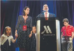  ?? Joe Amon, The Denver Post ?? Walker Stapleton delivers his concession speech with his family at the Denver Marriott South during a gathering of Colorado Republican­s on Tuesday night in Lone Tree.