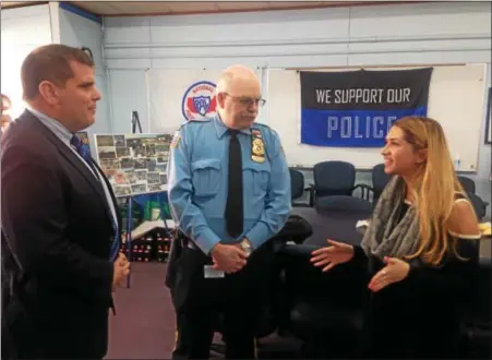  ?? ERIC DEVLIN — DIGITAL FIRST MEDIA ?? Montgomery County Sheriff Sean Kilkenny, Pottstown Borough Police Chief Richard Drumheller and Abigail Heisler, executive director of the Pottstown Area Police Athletic League discussed the program’s future during a meeting Monday.