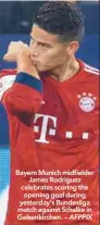  ??  ?? Bayern Munich midfielder James Rodriguez celebrates scoring the opening goal during yesterday’s Bundesliga match against Schalke in Gelsenkirc­hen. – AFPPIX