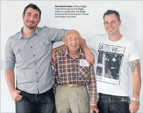  ??  ?? New-found mates: Joshua Briggs, Hugh Pickering and Joel Briggs pose for a photo after Joel Briggs presented Mr Pickering with not just one cheque, but three.