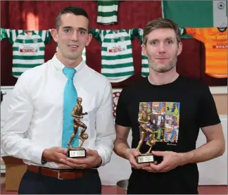  ??  ?? Damien Finn (Senior Team) received the Players Player of the Year Award, while Jack Cott (Senior Team) was presented with the Top Goal Scorer Award at the Kanturk AFC Awards Event in the Edel Quinn Hall.