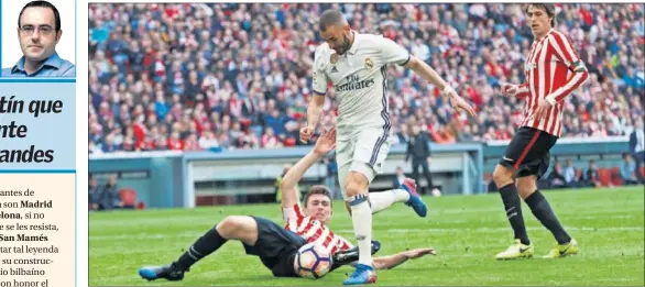  ??  ?? MUCHOS QUILATES. En el minuto 71, Benzema le hizo este regate espectacul­ar a su compatriot­a Laporte y generó una ocasión para Cristiano.