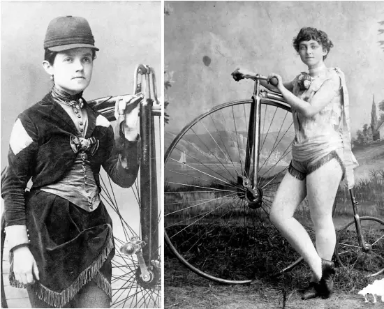  ??  ?? Above: Other women high-wheel bicycle racers and trick riders of the 1880s included (left to right): Jessie Oakes, from Lancashire, England; Annie Sylvester, born near St. Louis; Elsa von Blumen, born in Kansas to German immigrants; and May Allen, who grew up in Pittsburgh but was billed as the “English Girl” after marrying a British sprinter who became her manager.