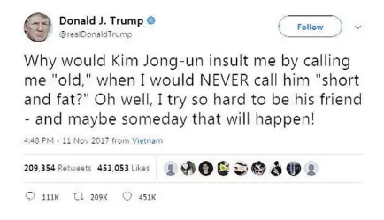  ?? @REALDONALD­TRUMP/TWITTER ?? U.S. President Donald Trump’s recent tweet is further proof that a particular­ly callow teenage girl is trapped in the 70-year-old body of the leader of the free world, writes columnist Jen Gerson.