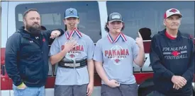  ?? Submitted Photo ?? Panama coaches Chris Ford, far left, and Richard Cheely, far right, with fourthplac­e finisher Hunter Covey-Bond, second from left, and state champion Tristan Jordan, second from right, after the junior-high state powerlifti­ng meet on Thursday.