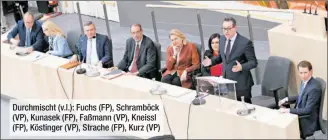  ??  ?? Durchmisch­t (v.l.): Fuchs (FP), Schramböck ( VP), Kunasek (FP), Faßmann ( VP), Kneissl (FP), Köstinger ( VP), Strache (FP), Kurz ( VP)