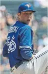  ?? JONATHAN DANIEL/GETTY IMAGES ?? Jays starter Ryan Borucki sports No. 56, the number his childhood idol wore.