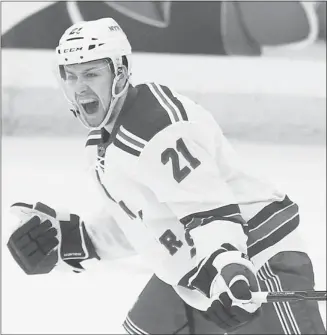  ?? Chris Wattie, Reuters ?? New York Rangers forward Derek Stepan celebrates his goal against the Ottawa Senators during the second period of Game 6 of their NHL Eastern Conference quarter-final series Monday night in Ottawa.