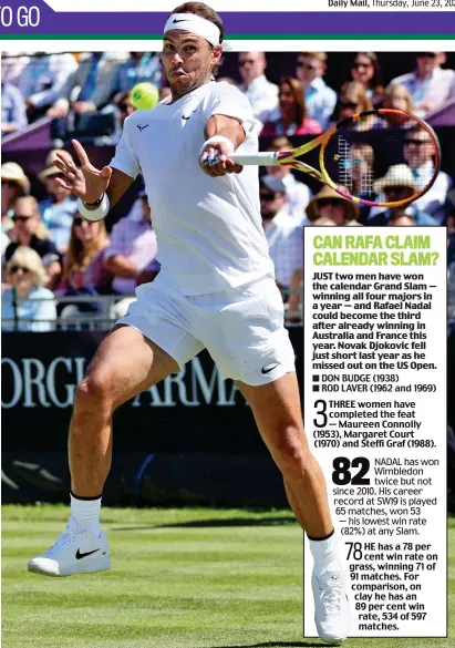  ?? GETTY IMAGES ?? Class on grass: Nadal throws himself into a forehand yesterday at the Hurlingham Club