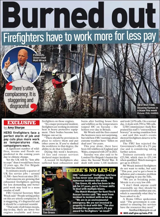  ?? Picture: PHIL HARRIS ?? FURIOUS: Union chief Matt Wrack
STRESSED: Tim Green
DESTRUCTIO­N: Dousing flames in a blaze this week