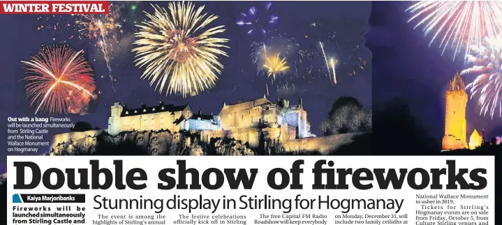  ??  ?? Out with a bang Fireworks will be launched simultaneo­usly from Stirling Castle and the National Wallace Monument on Hogmanay
