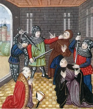  ??  ?? Holy blood Rebels behead Simon Sudbury, archbishop of Canterbury, on Tower Hill, as shown in a contempora­ry manuscript. By now, coordinate­d violence was erupting across England