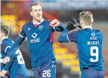  ??  ?? County’s Jordan White, left, celebrates his goal with Billy Mckay in the 2-1 win over Accies in February.